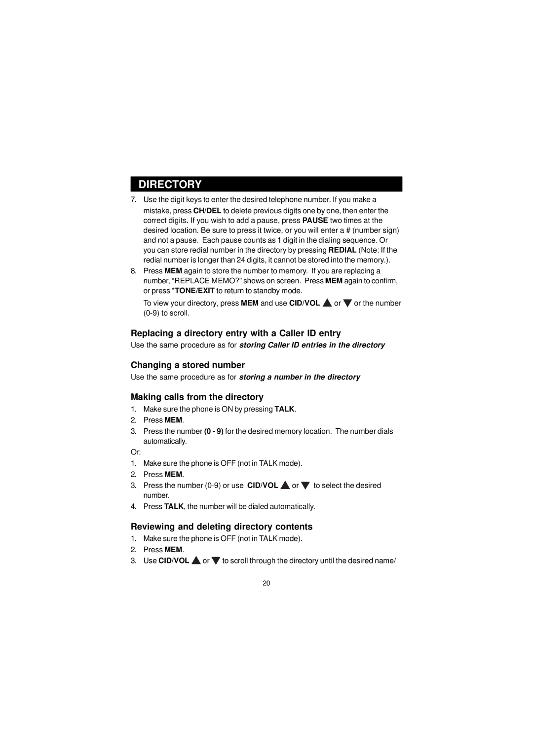 Sanyo CLT-U20, CLT-U32, CLT-U30, CLT-U22 Replacing a directory entry with a Caller ID entry, Changing a stored number 