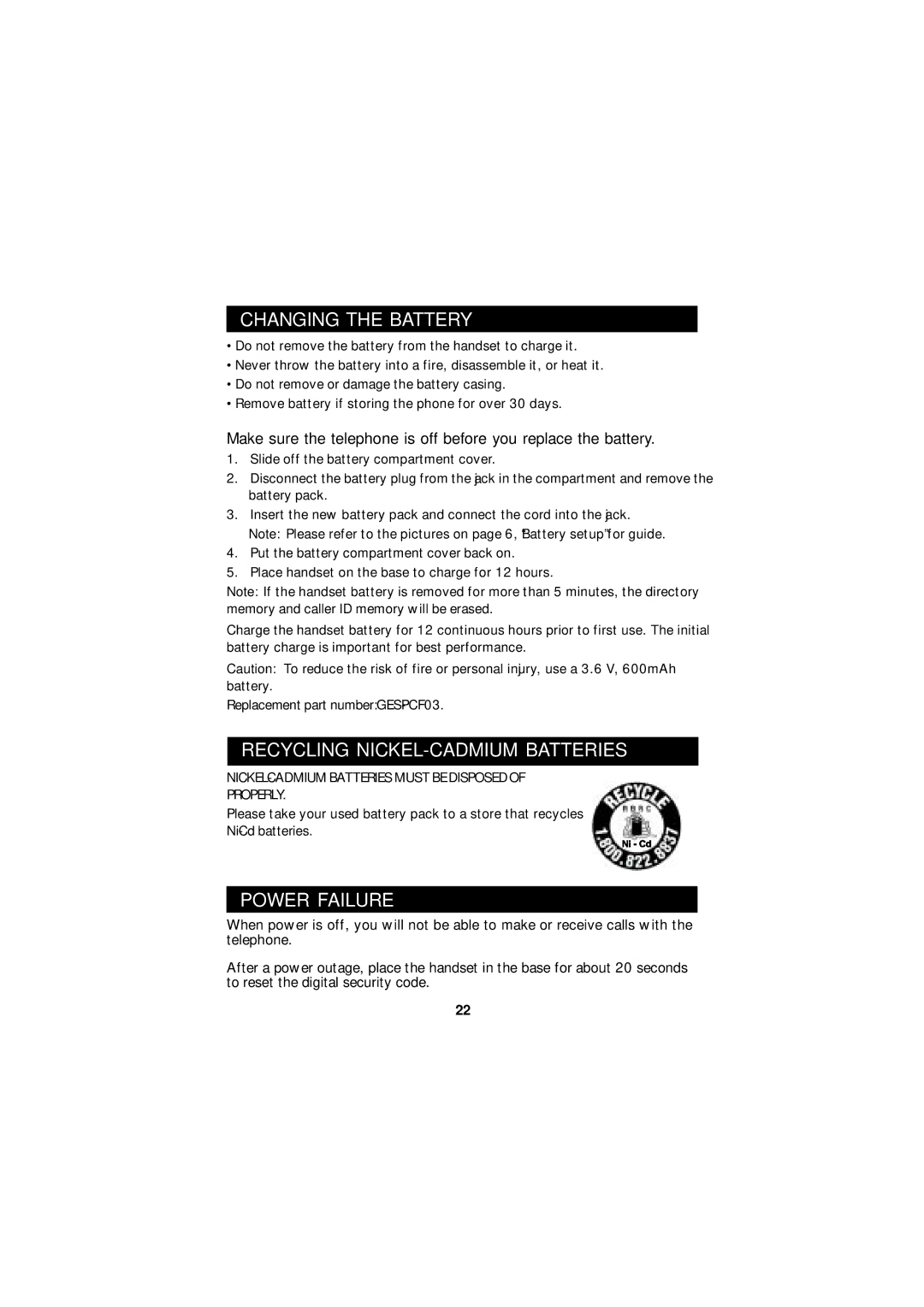 Sanyo CLT-U30, CLT-U20, CLT-U32, CLT-U22, CLT-U12 instruction manual Recycling NICKEL-CADMIUM Batteries, Power Failure 