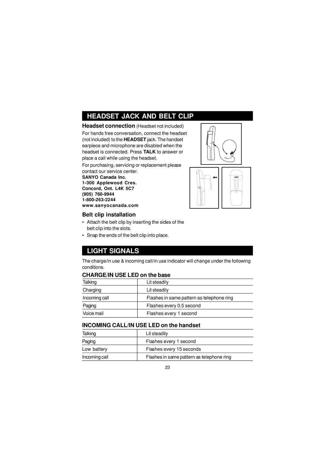 Sanyo CLT-U22, CLT-U20 Headset Jack and Belt Clip, Light Signals, Belt clip installation, CHARGE/IN USE LED on the base 