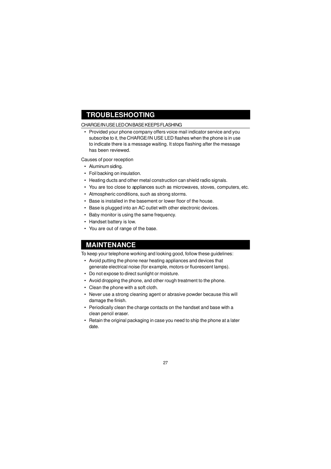 Sanyo CLT-U30, CLT-U20, CLT-U32, CLT-U22, CLT-U12 instruction manual Maintenance, CHARGE/IN USE LED on Base Keeps Flashing 