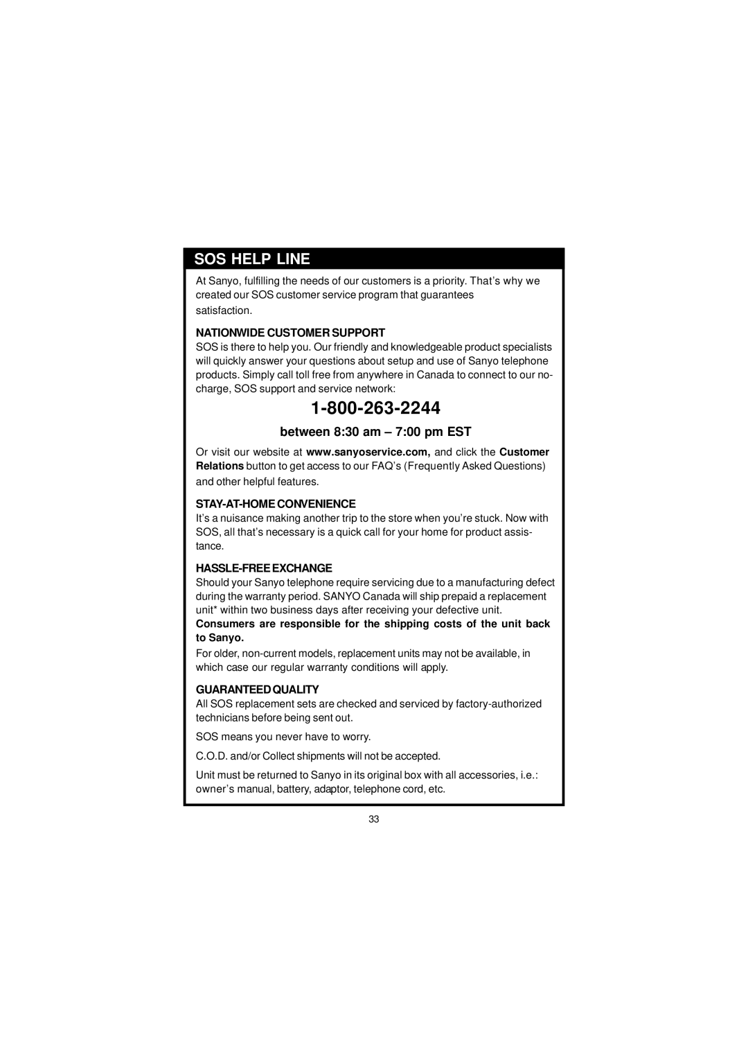 Sanyo CLT-U22, CLT-U20, CLT-U32, CLT-U30, CLT-U12 instruction manual SOS Help Line, Between 830 am 700 pm EST 