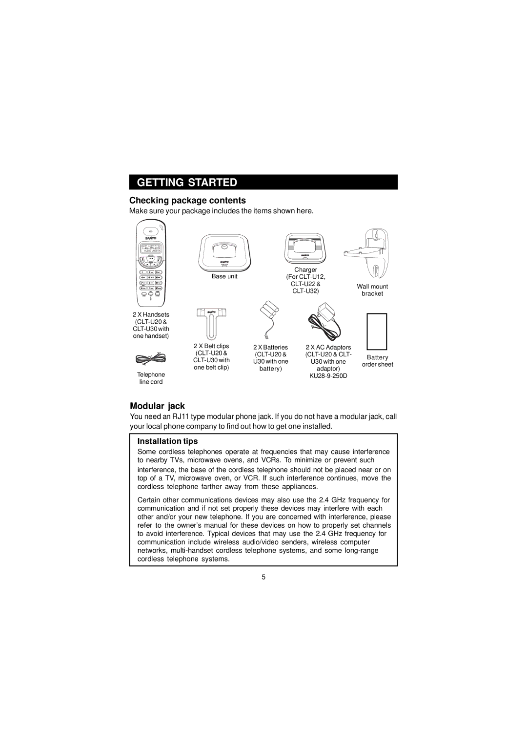 Sanyo CLT-U20, CLT-U32, CLT-U30, CLT-U22, CLT-U12 instruction manual Getting Started, Checking package contents, Modular jack 