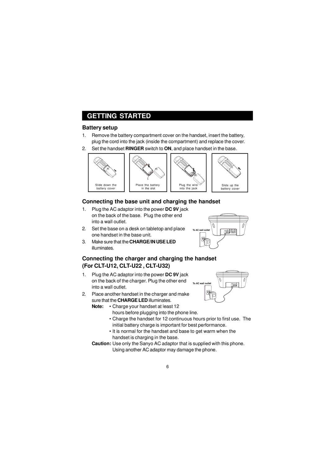 Sanyo CLT-U32, CLT-U20, CLT-U30, CLT-U22, CLT-U12 Battery setup, Connecting the base unit and charging the handset 