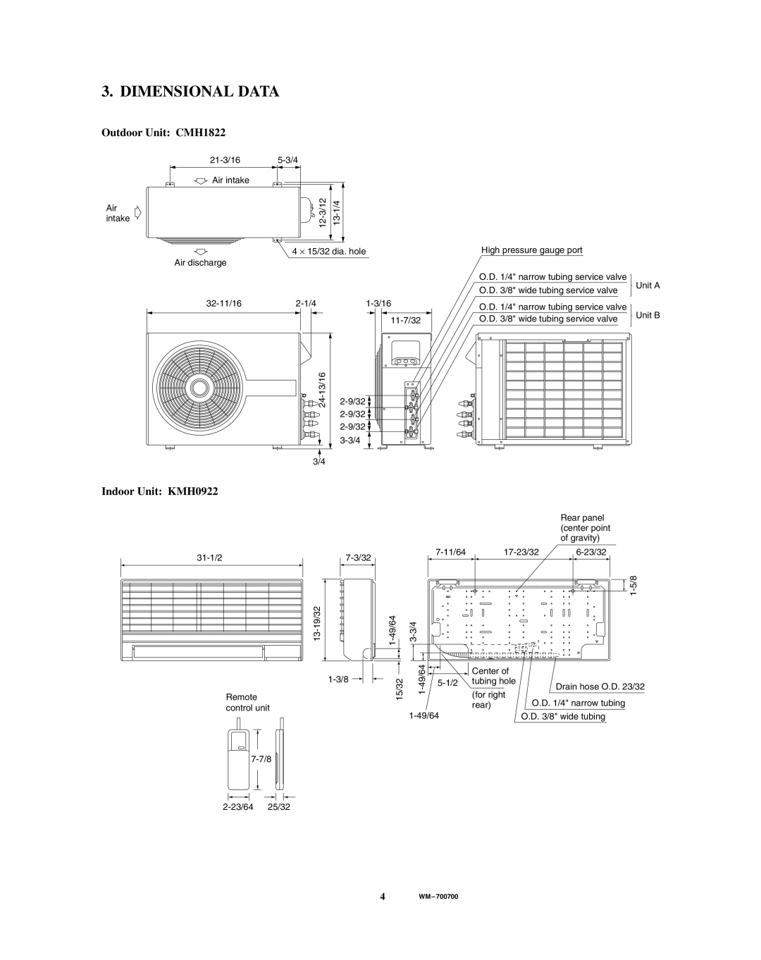 Sanyo service manual Dimensional Data, Outdoor Unit CMH1822, Indoor Unit KMH0922 