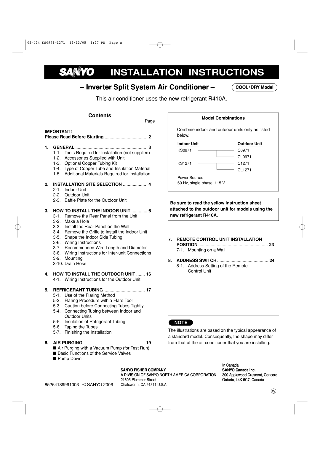 Sanyo Cool/Dry installation instructions Inverter Split System Air Conditioner, Contents, Installation Instructions 