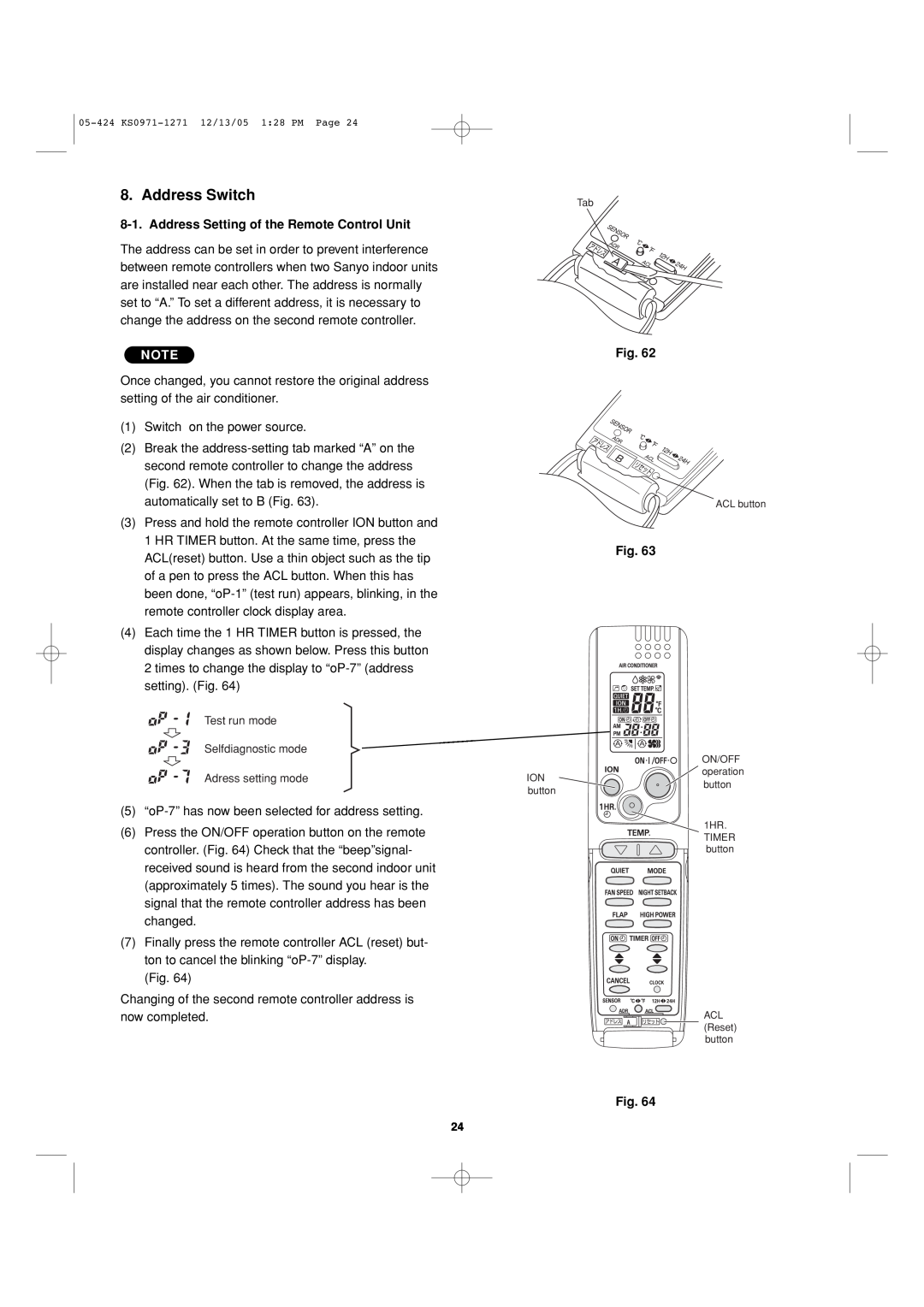 Sanyo Cool/Dry installation instructions Address Switch, Address Setting of the Remote Control Unit 