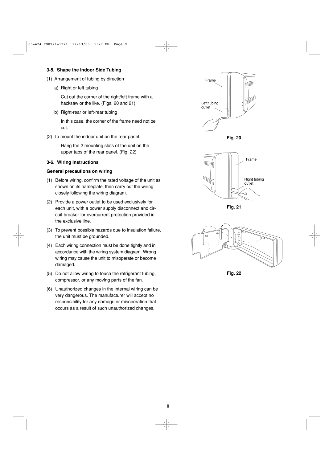 Sanyo Cool/Dry Shape the Indoor Side Tubing, Wiring Instructions, General precautions on wiring, Fig. Fig 