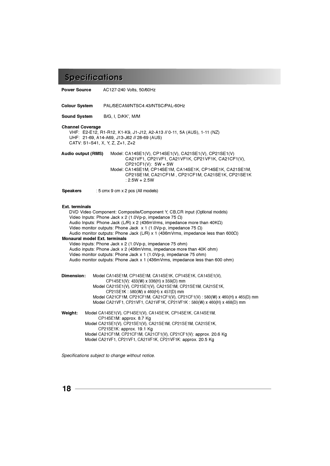 Sanyo CA14SE1K, CP21SE1M Specifications, Sound System I, D/KK’, M/M Channel Coverage, Monaural model Ext. terminals 