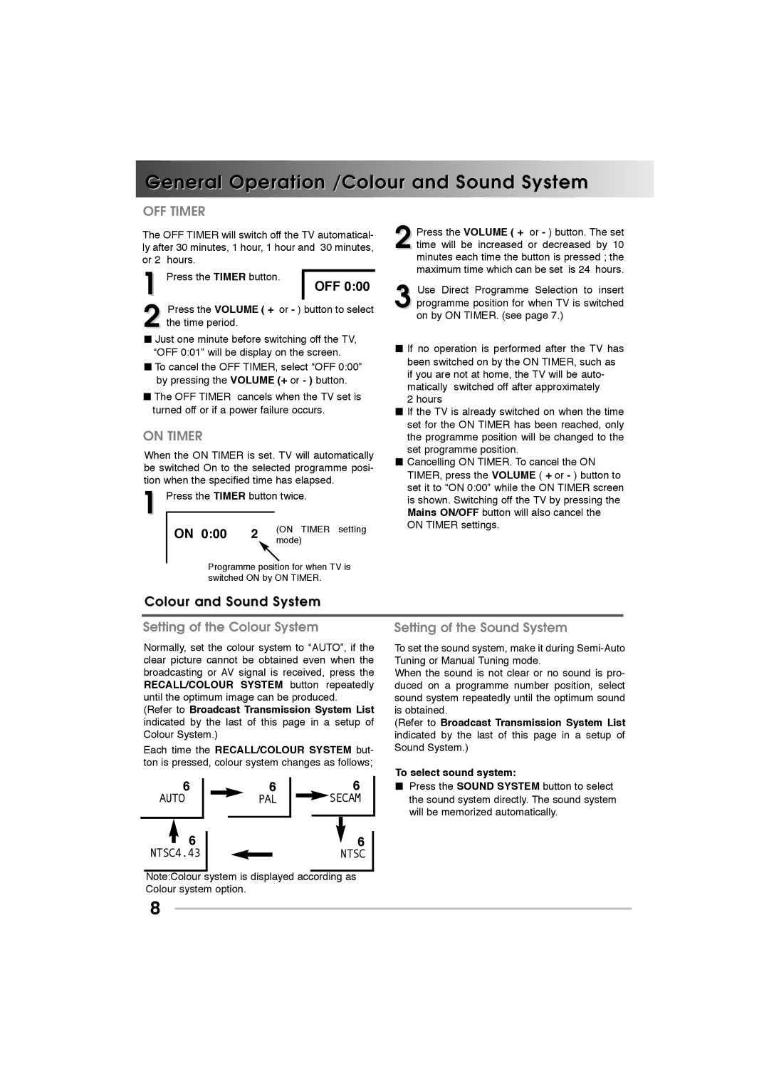 Sanyo CA21CF1(V) General Operation /Colour and Sound System, Setting of the Colour System Setting of the Sound System 