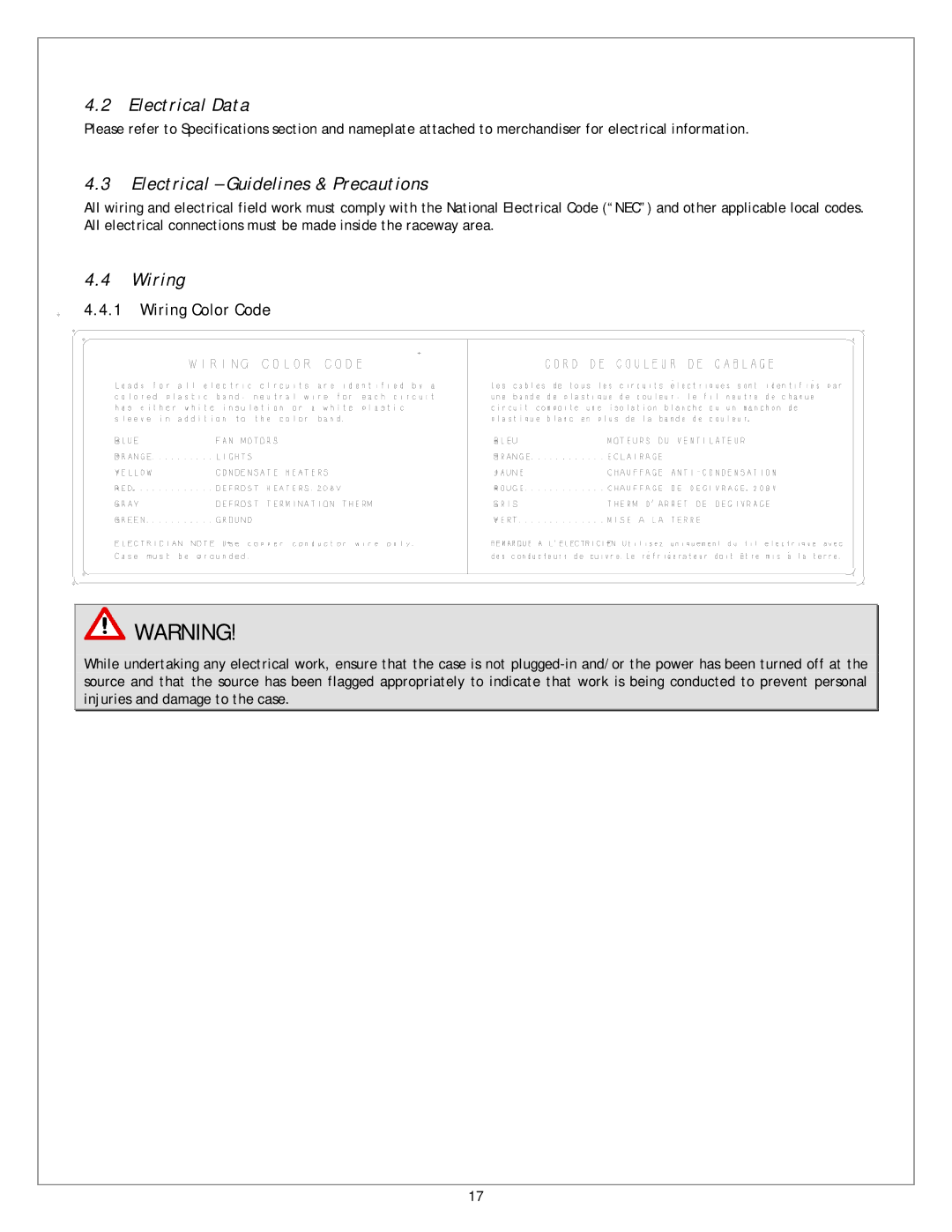 Sanyo CVW-EXA184, CVW-EXA284, CVW-EXA224 Electrical Data, Electrical Guidelines & Precautions, Wiring Color Code 