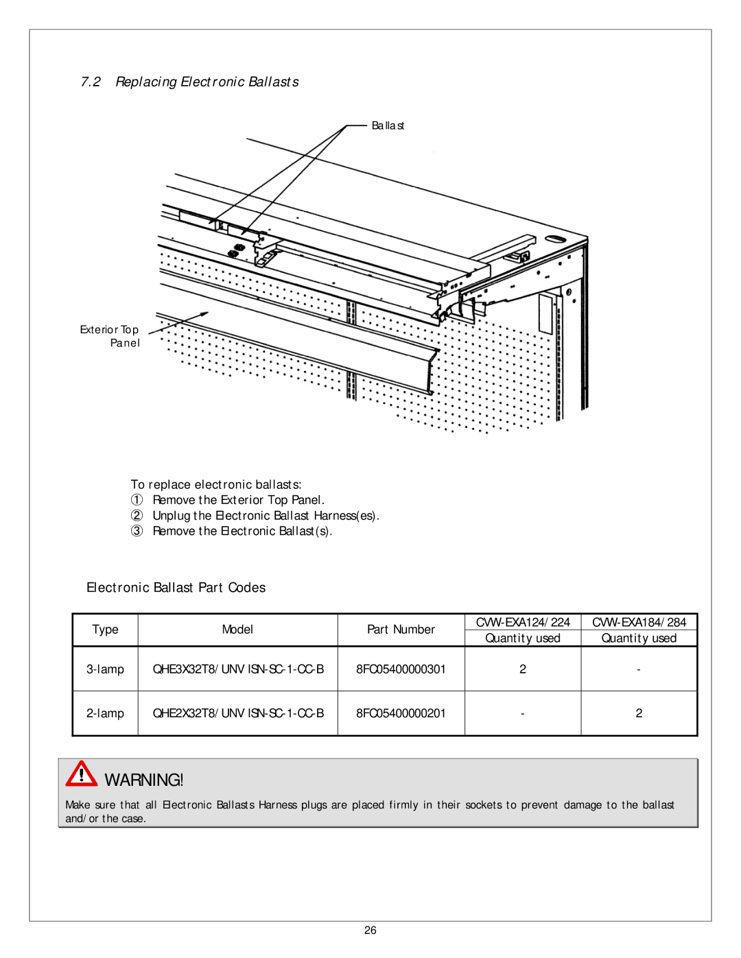 Sanyo CVW-EXA224, CVW-EXA284, CVW-EXA184, CVW-EXA124 Replacing Electronic Ballasts, To replace electronic ballasts 