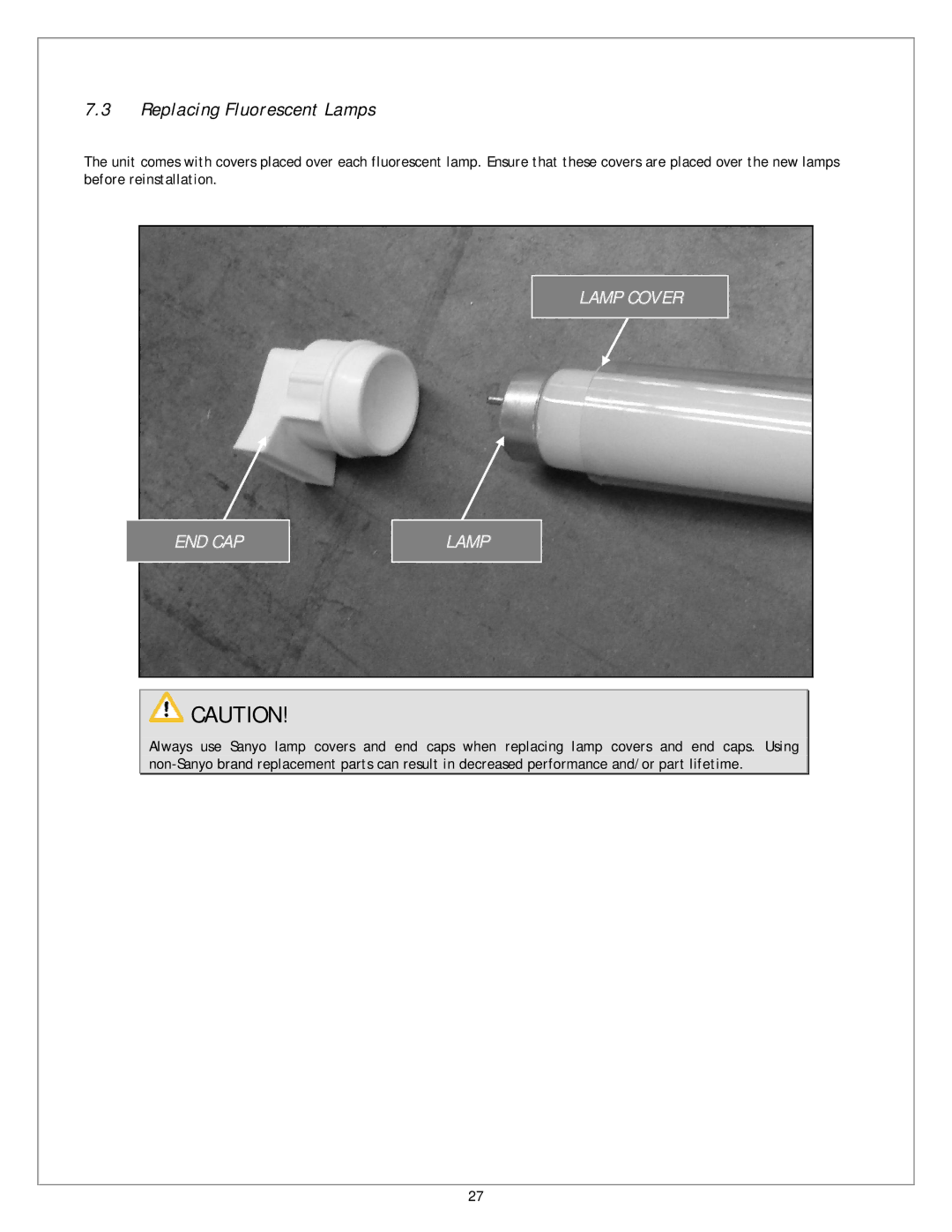 Sanyo CVW-EXA124, CVW-EXA284, CVW-EXA184, CVW-EXA224 service manual Replacing Fluorescent Lamps, Lamp Cover END CAP 