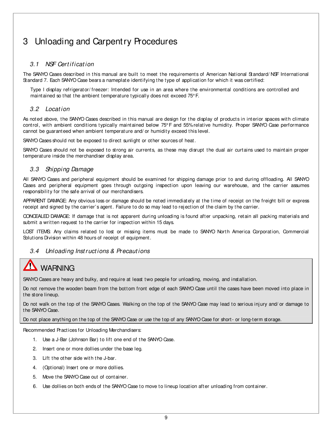 Sanyo CVW-EXA184, CVW-EXA284, CVW-EXA224 Unloading and Carpentry Procedures, NSF Certification, Location, Shipping Damage 