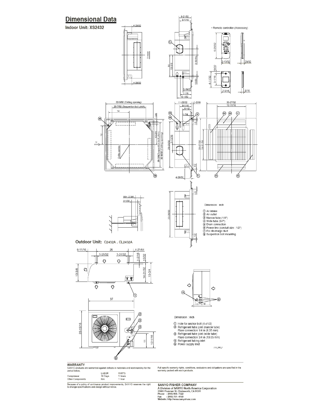 Sanyo 24XS32A, CXS2432 dimensions 