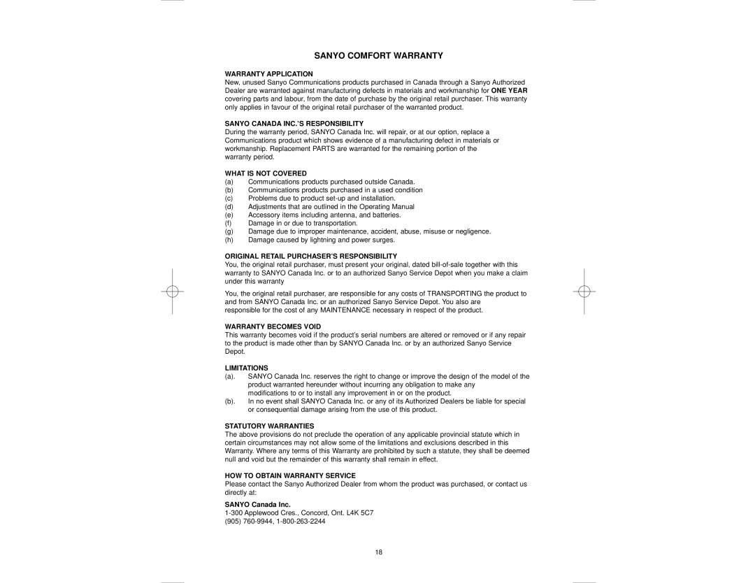 Sanyo DAS-204 instruction manual Sanyo Comfort Warranty, Warranty Application 