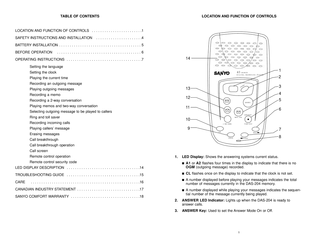 Sanyo DAS-204 instruction manual Contents, Location and Function of Controls, Answer 