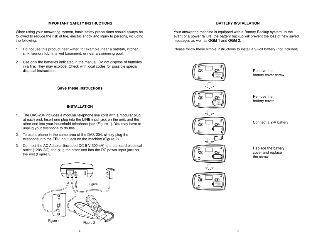 Sanyo DAS-204 instruction manual Important Safety Instructions, Line, Tel, Battery Installation, Ogm 