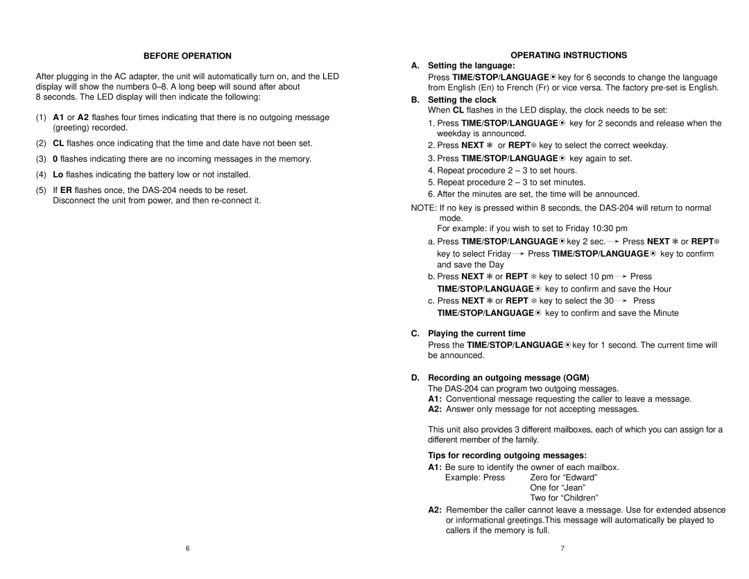 Sanyo DAS-204 instruction manual Before Operation, Operating Instructions, Next Rept, Time/Stop/Language 