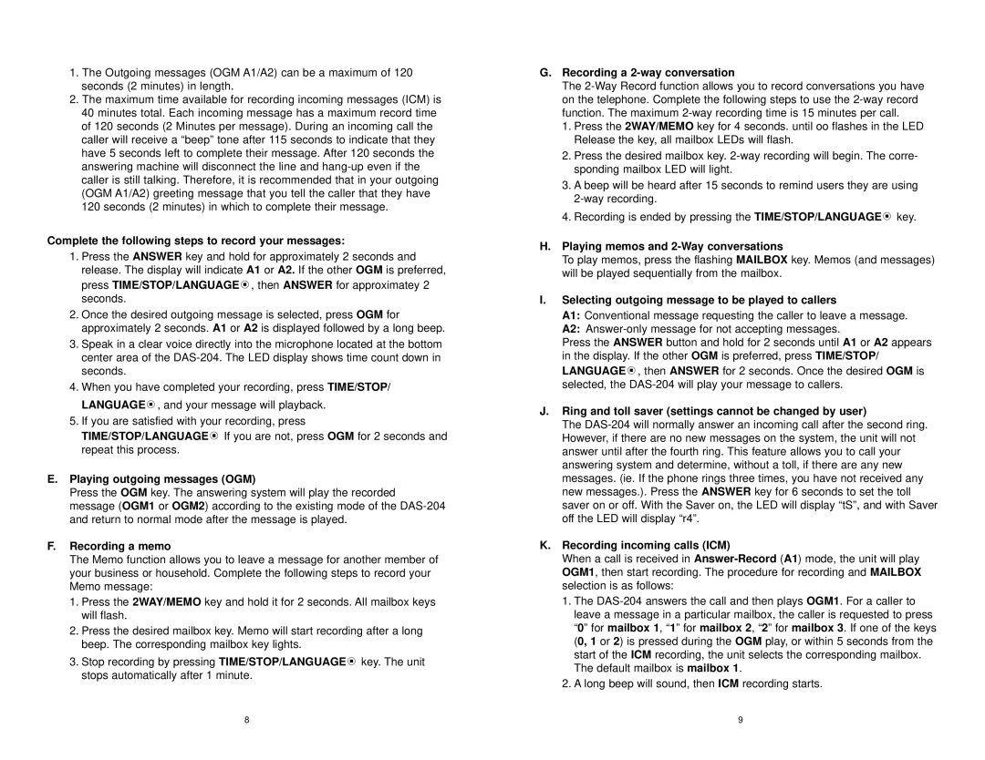 Sanyo DAS-204 instruction manual Time/Stop, Language, 2WAY/MEMO, Mailbox, Icm 