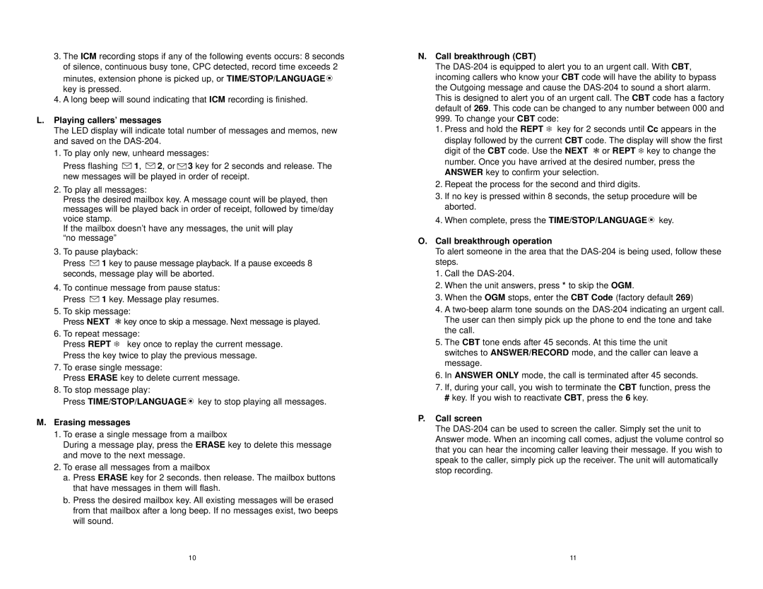 Sanyo DAS-204 instruction manual Erase, Cbt, Answer/Record 