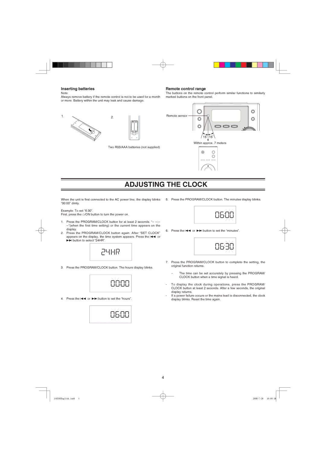 Sanyo DC-DA1465M instruction manual Adjusting the Clock, Inserting batteries, Remote control range 