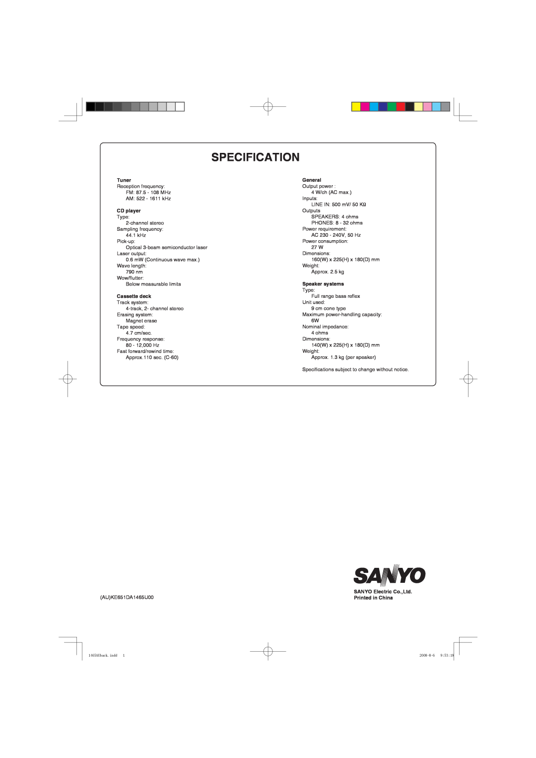 Sanyo DC-DA1465M Specification, Tuner, General, CD player, Speaker systems, Cassette deck, AUKE651DA1465U00 