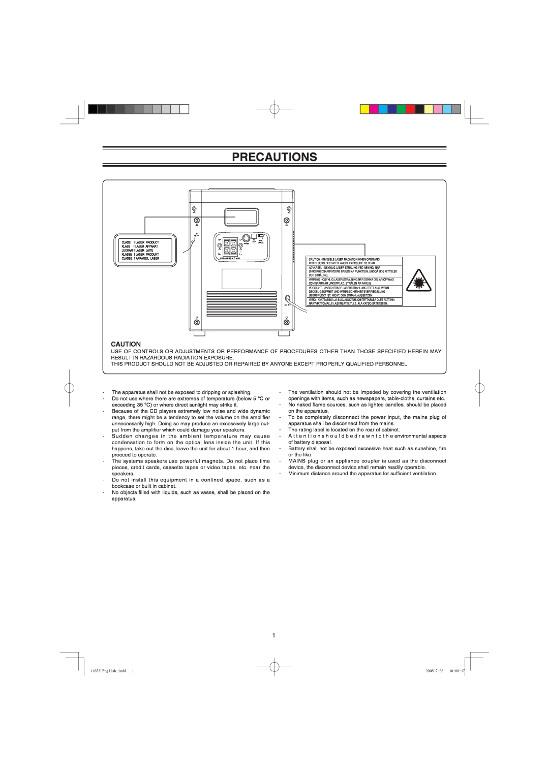 Sanyo DC-DA1465M instruction manual Precautions, 1465AUEnglish.indd, 2008-7-28 