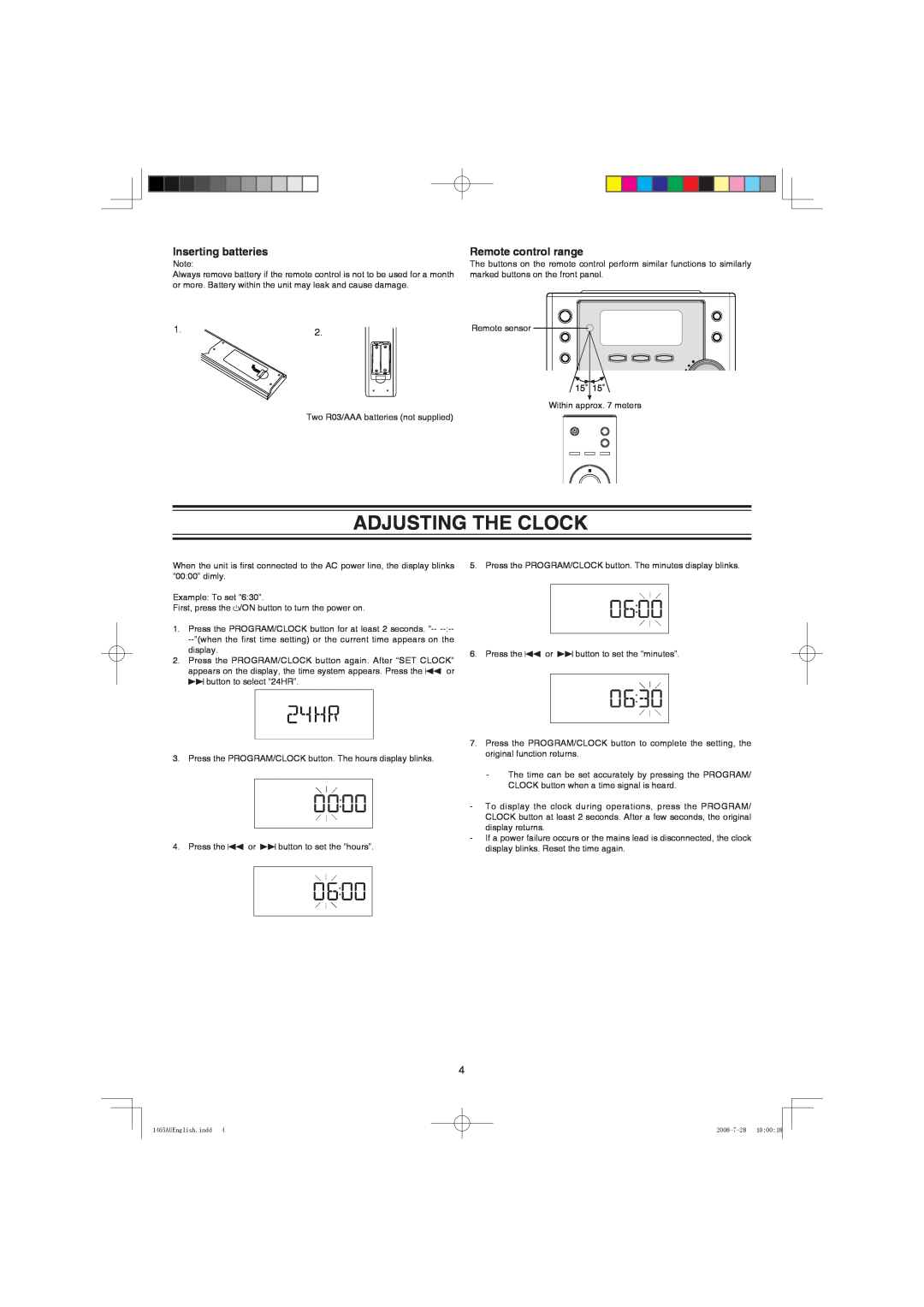 Sanyo DC-DA1465M instruction manual Adjusting The Clock, Inserting batteries, Remote control range 