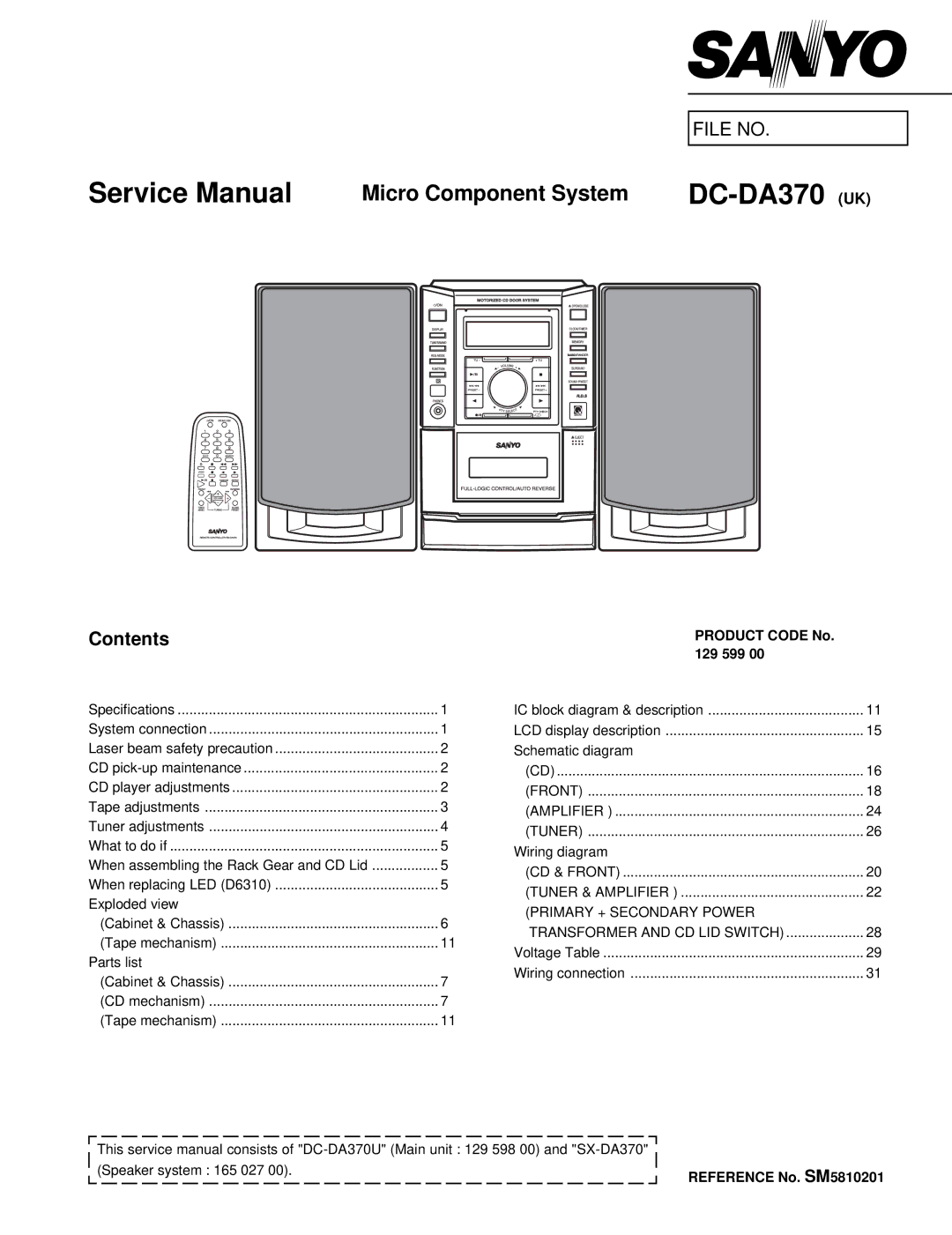 Sanyo service manual DC-DA370 UK, File no 