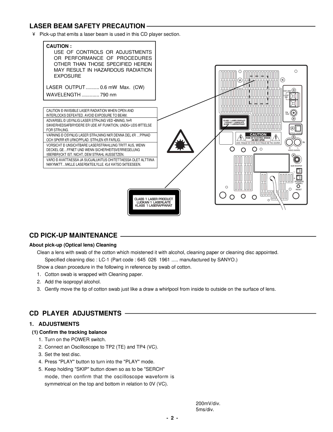 Sanyo DC-DA370 service manual Laser Beam Safety Precaution, CD PICK-UP Maintenance, CD Player Adjustments 