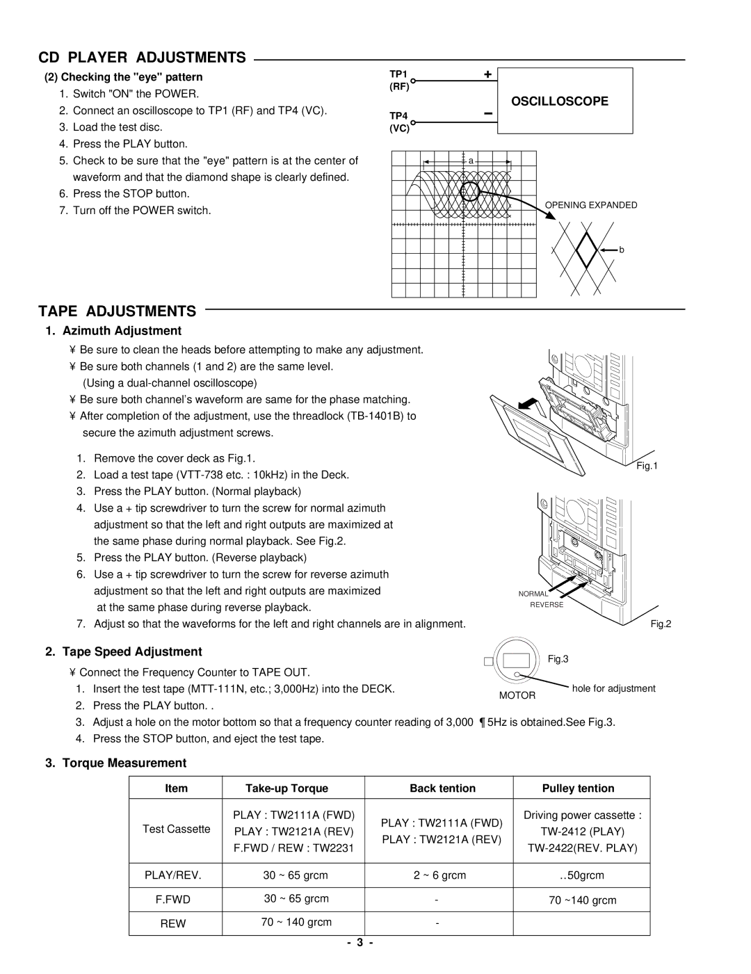 Sanyo DC-DA370 service manual Tape Adjustments, Oscilloscope, Azimuth Adjustment, Tape Speed Adjustment, Torque Measurement 