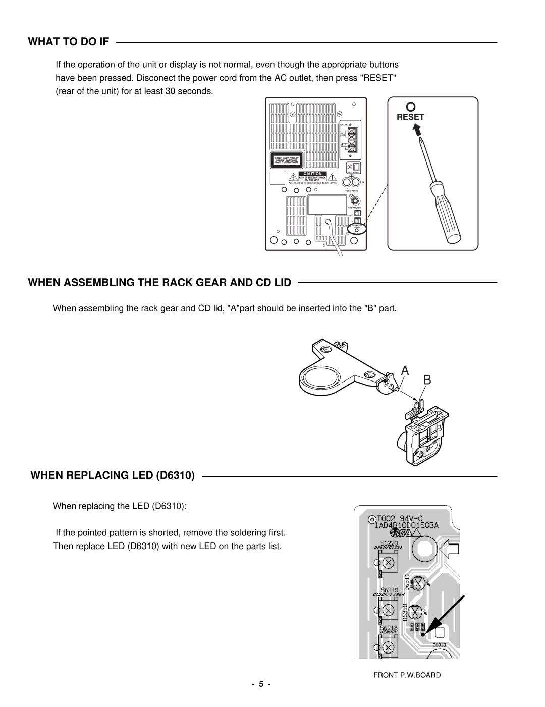 Sanyo DC-DA370 service manual What to do if, When Assembling the Rack Gear and CD LID, When Replacing LED D6310 