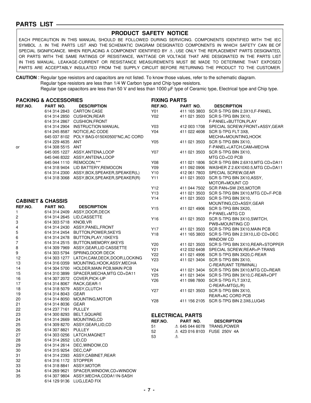 Sanyo DC-DA370 service manual Parts List, Packing & Accessories, Cabinet & Chassis, Fixing Parts, Electrical Parts 