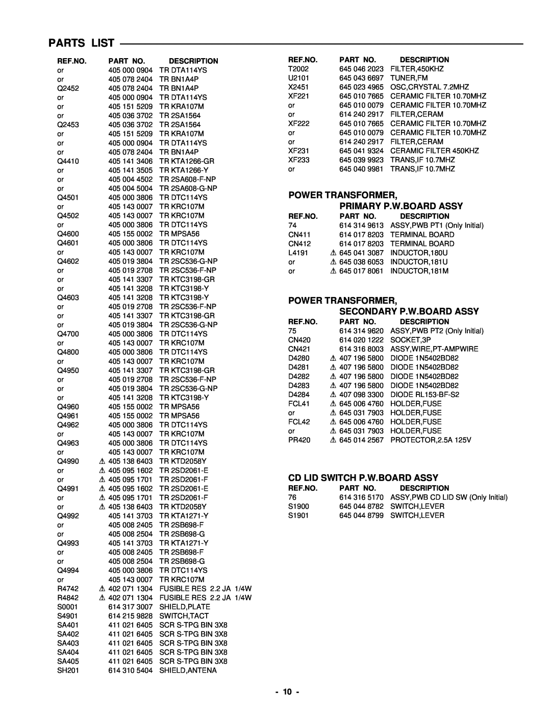 Sanyo DC-DA370 Power Transformer Primary P.W.Board Assy, Power Transformer Secondary P.W.Board Assy, Parts List 