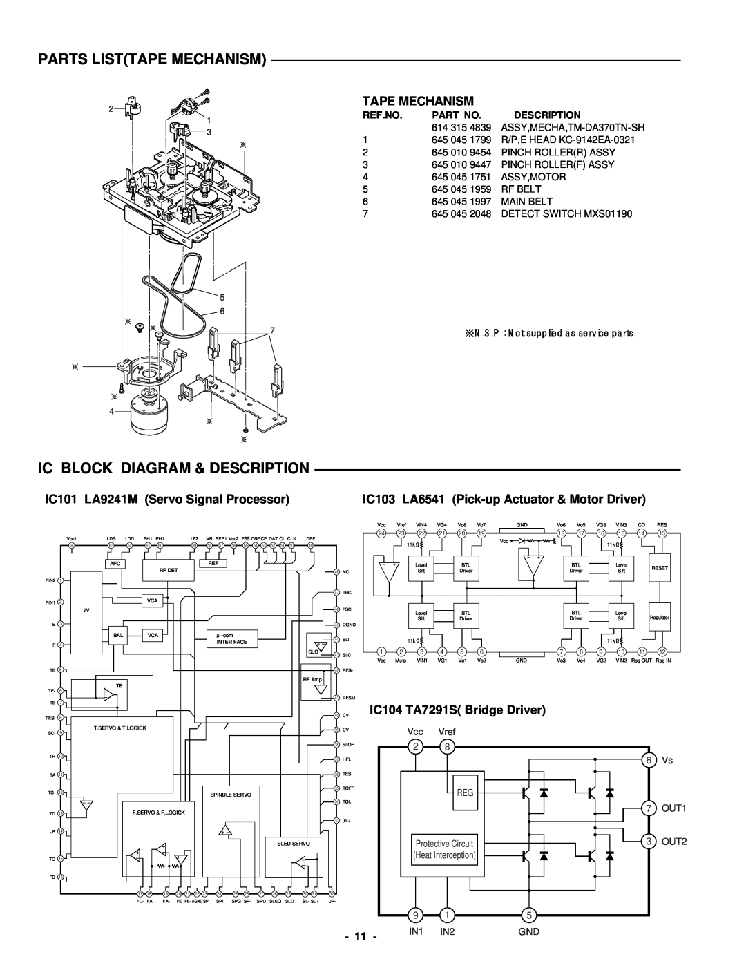 Sanyo DC-DA370 Parts Listtape Mechanism, Ic Block Diagram & Description, Tape Mechanism, IC104 TA7291S Bridge Driver 