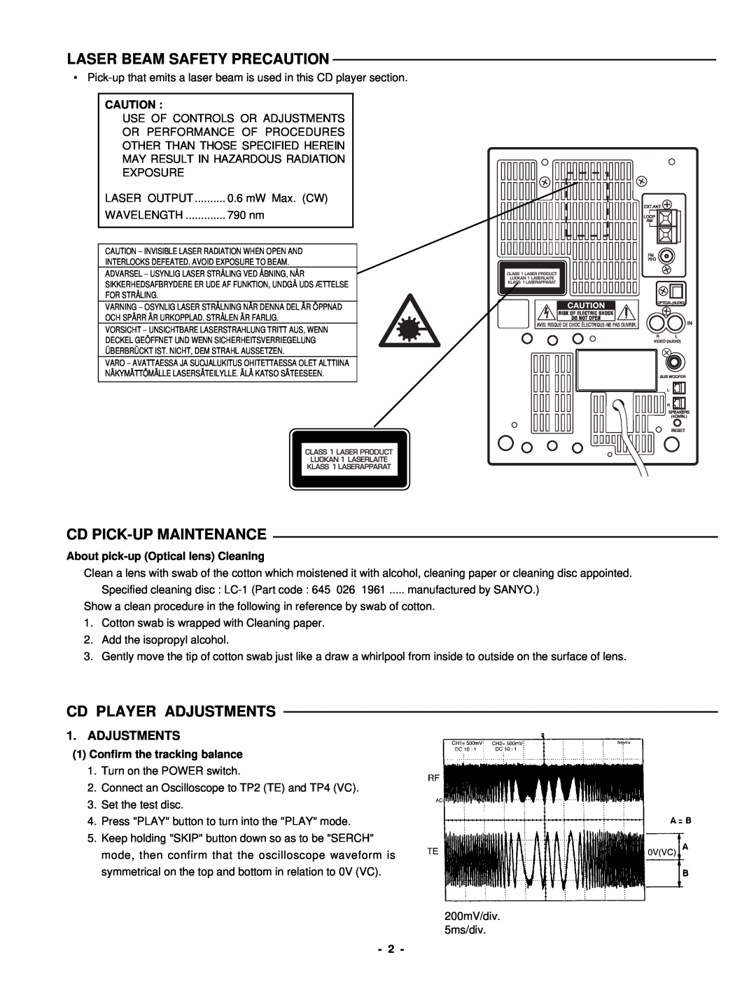Sanyo DC-DA370 Laser Beam Safety Precaution, Cd Pick-Upmaintenance, Cd Player Adjustments, 1Confirm the tracking balance 