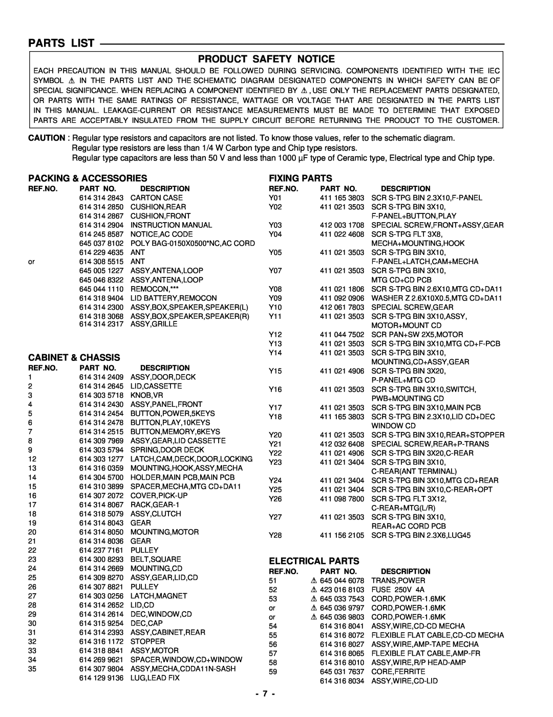 Sanyo DC-DA370 Parts List, Packing & Accessories, Cabinet & Chassis, Fixing Parts, Electrical Parts, Product Safety Notice 