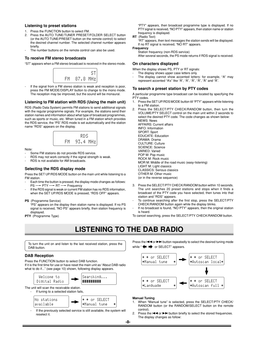 Sanyo DC-DAB03 instruction manual Listening to the DAB Radio 