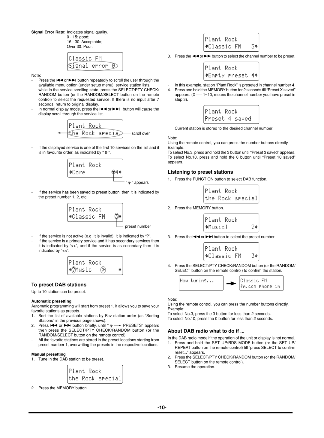 Sanyo DC-DAB03 To preset DAB stations, About DAB radio what to do if, Signal Error Rate Indicates signal quality 15 good 