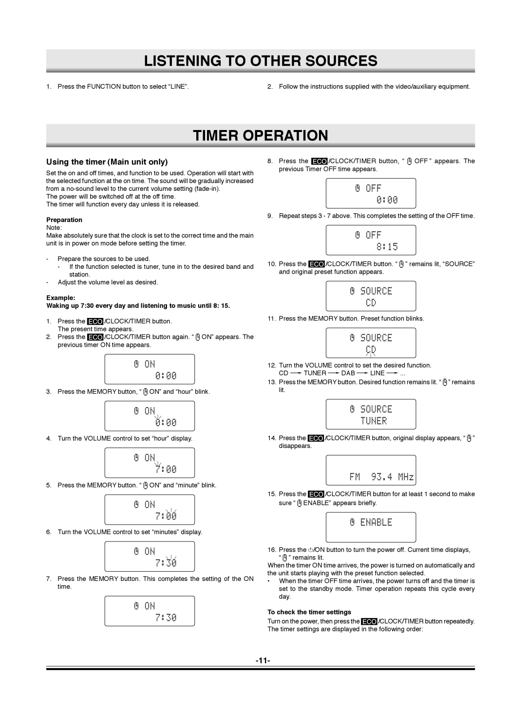 Sanyo DC-DAB03 instruction manual Listening to Other Sources, Timer Operation, Using the timer Main unit only, Preparation 