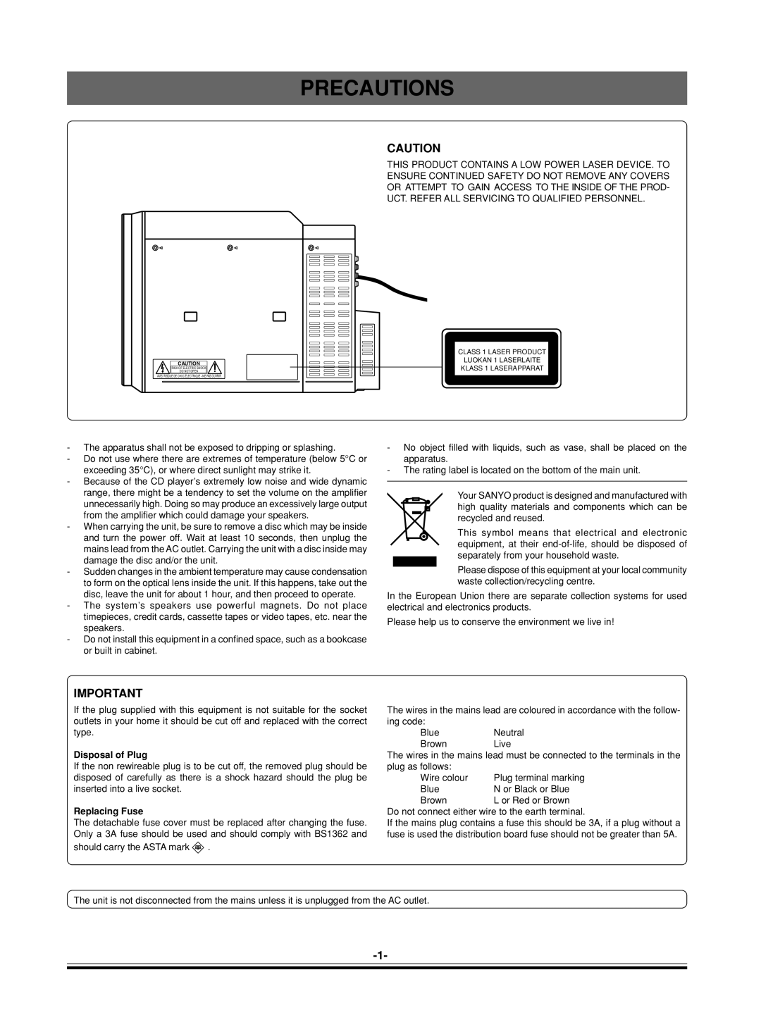 Sanyo DC-DAB03 instruction manual Precautions, Disposal of Plug, Replacing Fuse 