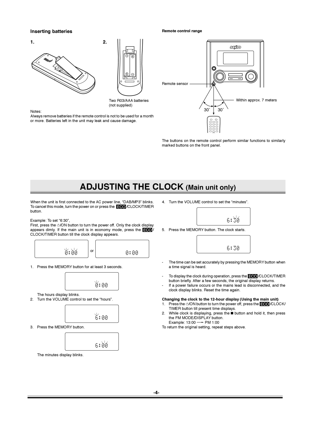 Sanyo DC-DAB03 instruction manual Inserting batteries, 30˚ 30˚ 