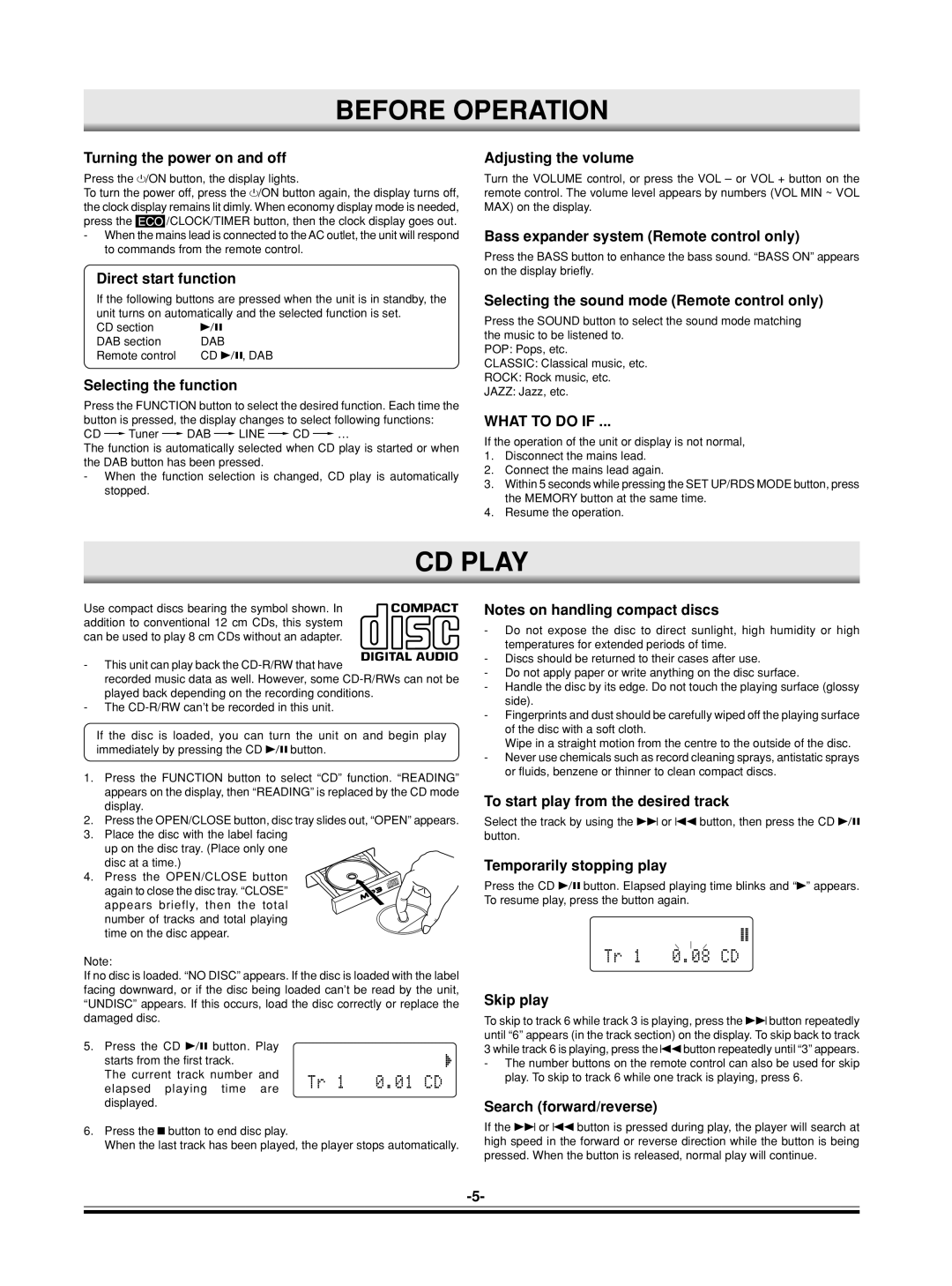 Sanyo DC-DAB03 instruction manual Before Operation, CD Play, What to do if 