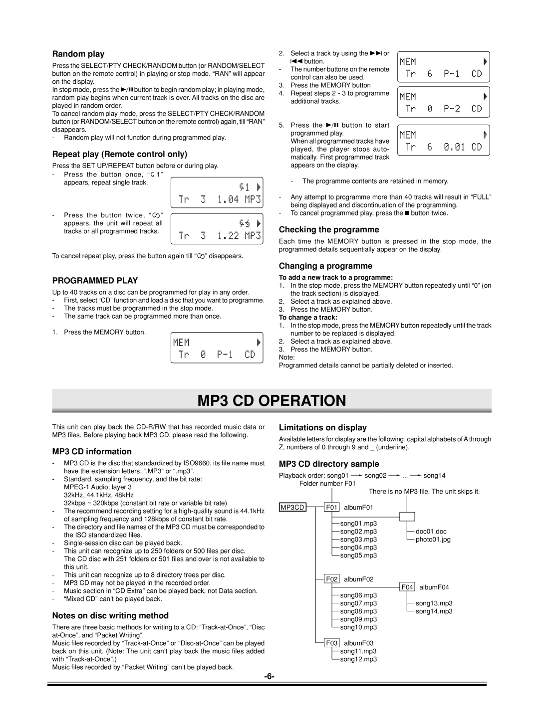 Sanyo DC-DAB03 instruction manual MP3 CD Operation, Programmed Play 