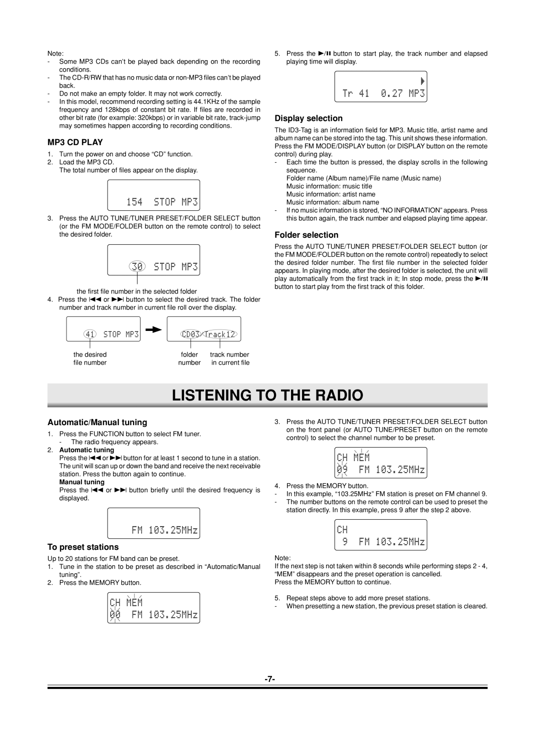 Sanyo DC-DAB03 instruction manual Listening to the Radio, MP3 CD Play 