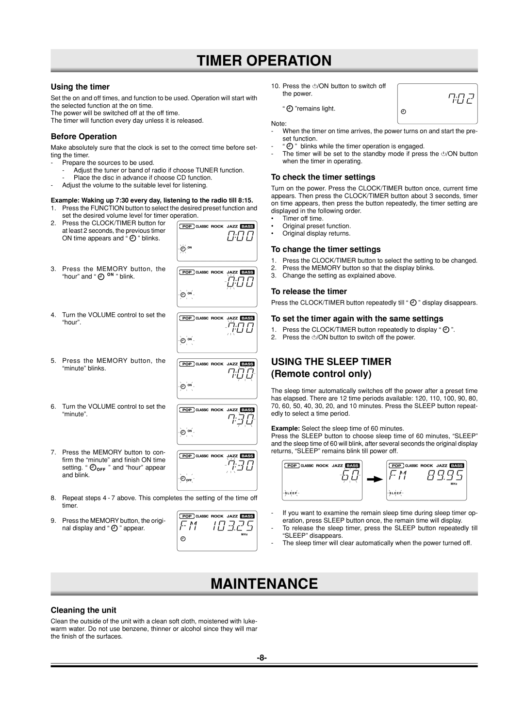 Sanyo DC-MP9500 instruction manual Timer Operation, Maintenance 