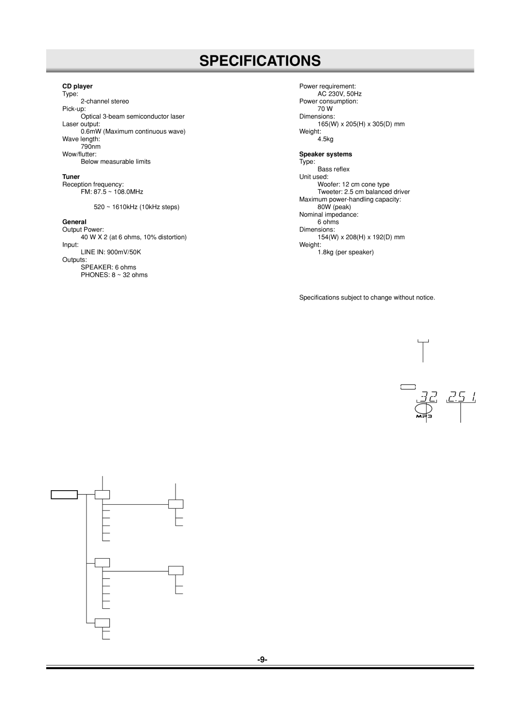 Sanyo DC-MP9500 instruction manual Specifications, CD player, Speaker systems, Tuner, General 