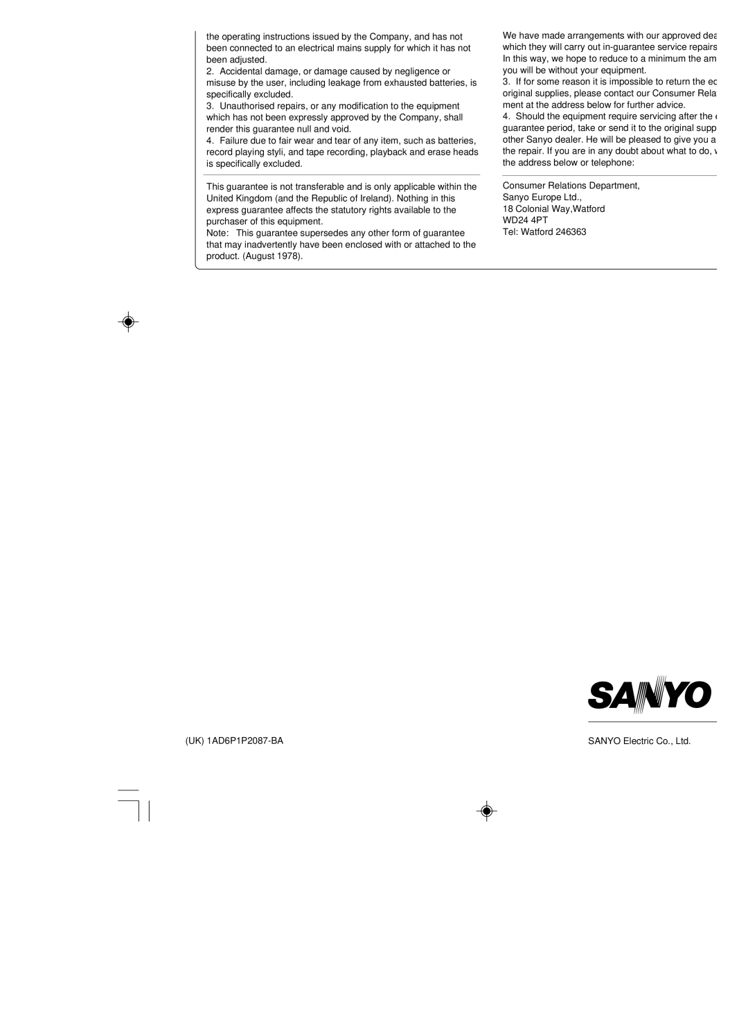 Sanyo DC-MP9500 instruction manual Guarantee to Customer 