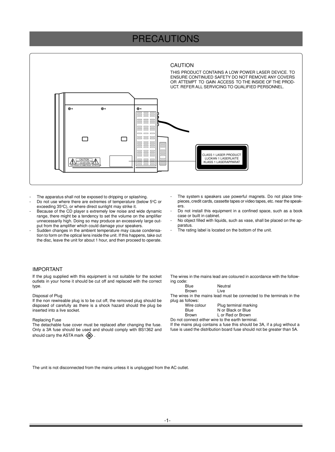 Sanyo DC-MP9500 instruction manual Precautions, Disposal of Plug, Replacing Fuse 