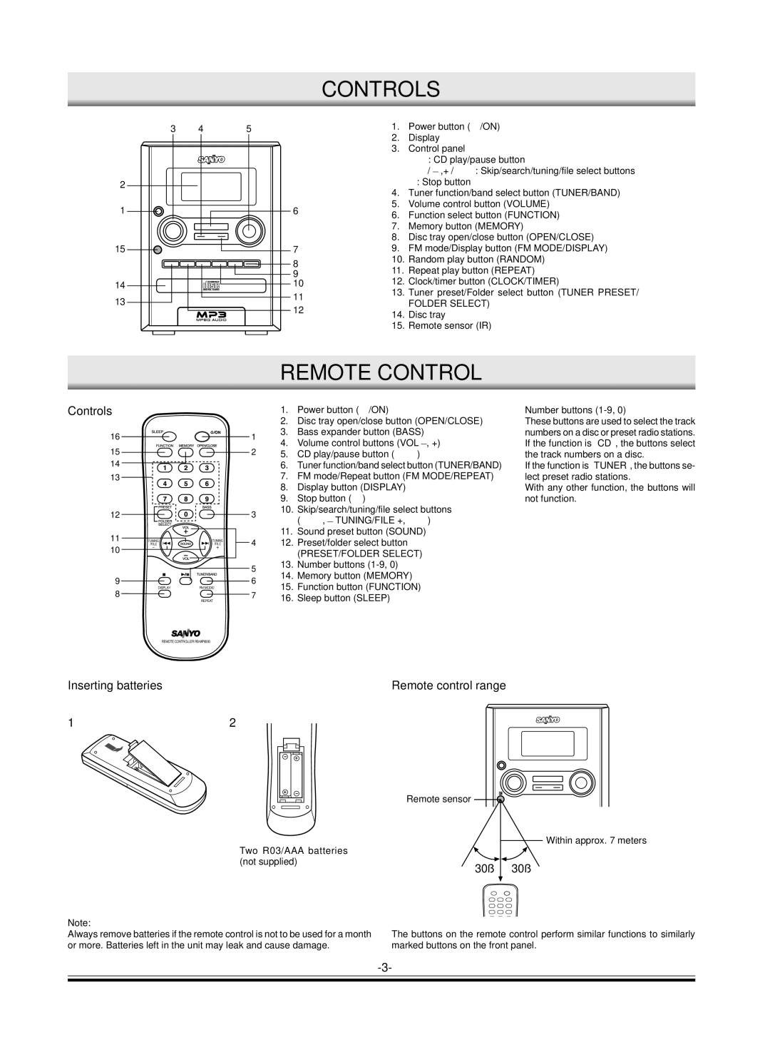 Sanyo DC-MP9500 instruction manual Controls, Remote Control, Inserting batteries Remote control range, Number buttons 1-9 